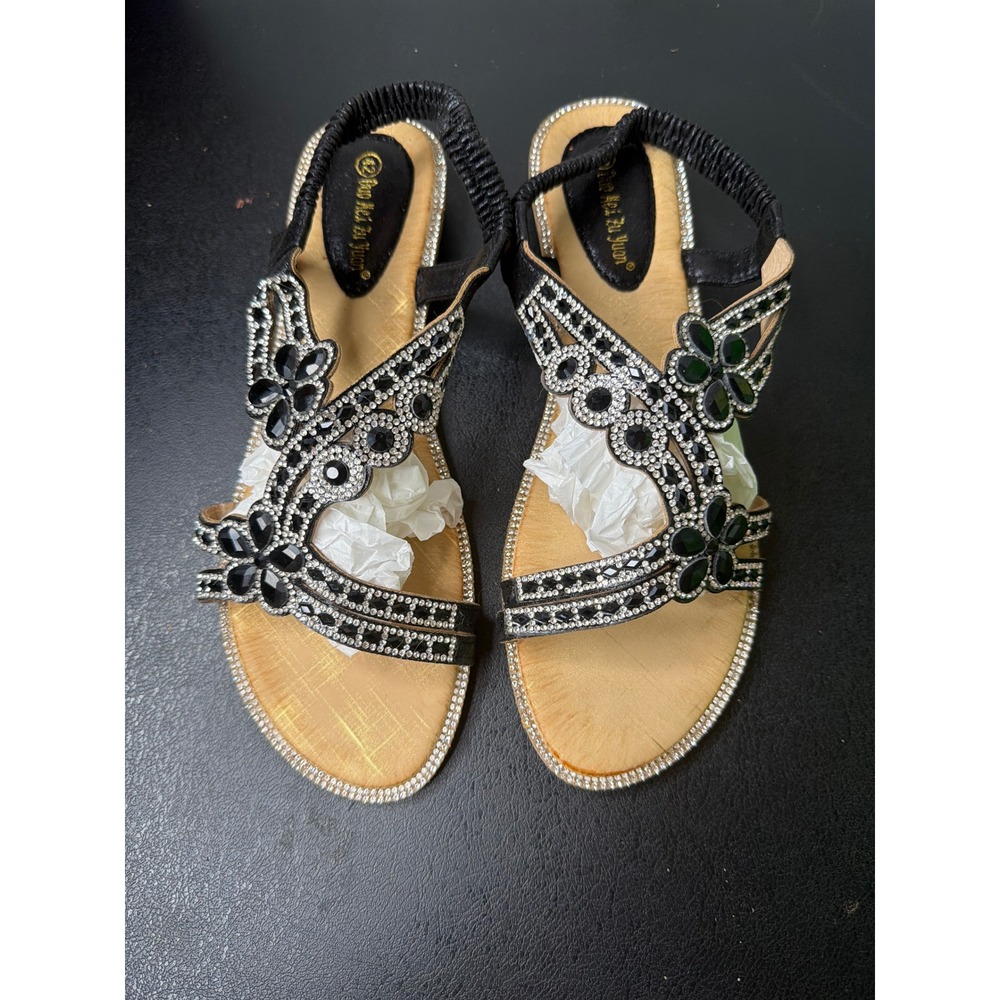 Duo Mei Zu Yuan Black Rhinestone Floral Strappy Flat Slingback Sandals Size 42